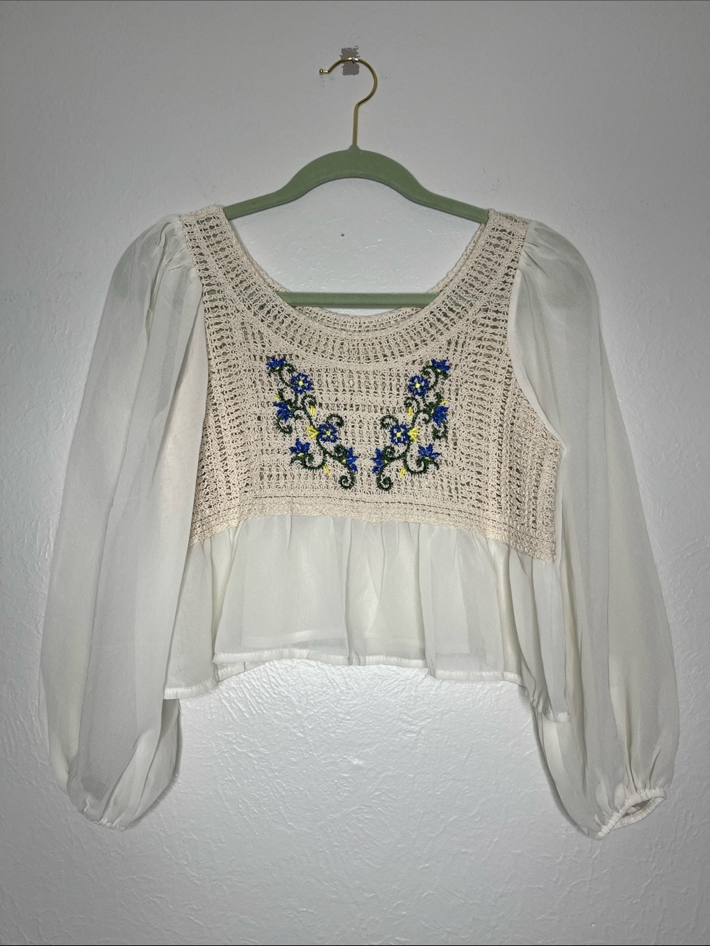 Boho Sheer Crochet Peasant Crop Top Size S Fairy Boho Hippie Whimsical